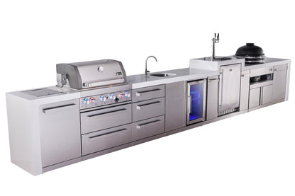 Mont Alpi 400 Deluxe BBQ Grill Island with Beverage Center, Kegerator, Kamado Module & Extra Drawer Storage - MAi400-DKEGBEVKAMDR