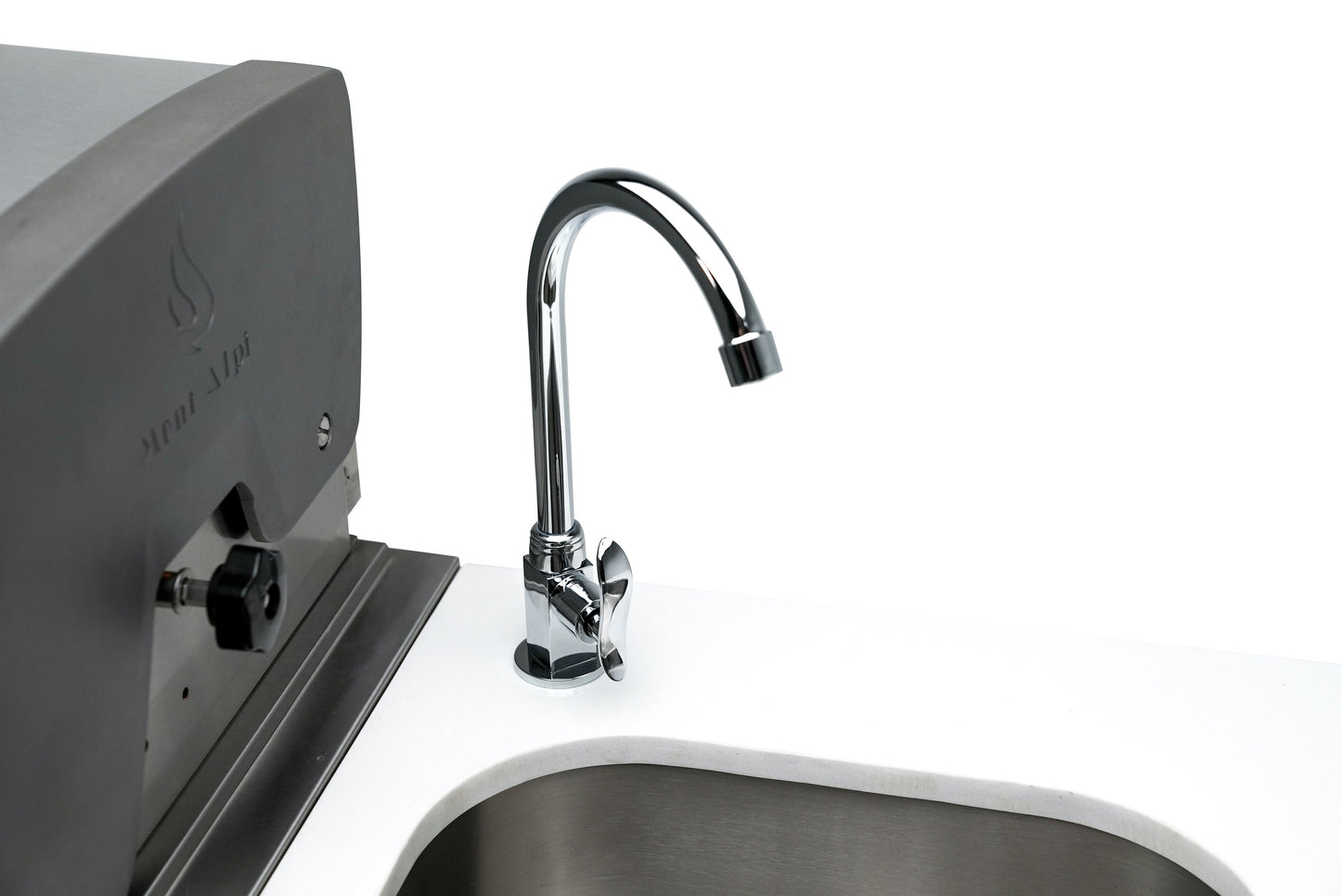 Mont Alpi 805 Deluxe BBQ Grill Island with L-Shape, Beverage Center, Kegerator, Kamado Module, Extra Drawer Storage & Fridge - MAi805-D90KEGBEVFCKAMDR