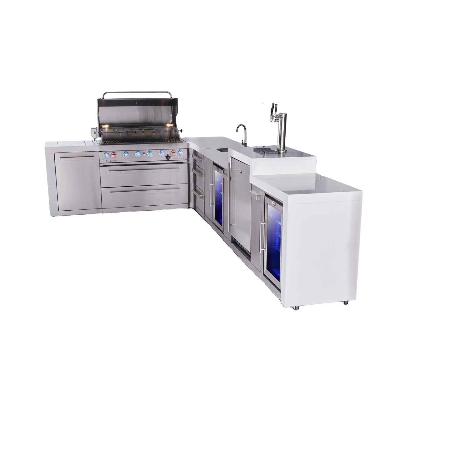 Mont Alpi 805 Deluxe BBQ Grill Island with L-Shape, Beverage Center, Kegerator, Extra Drawer Storage & Fridge - MAi805-D90KEGBEVFCDR