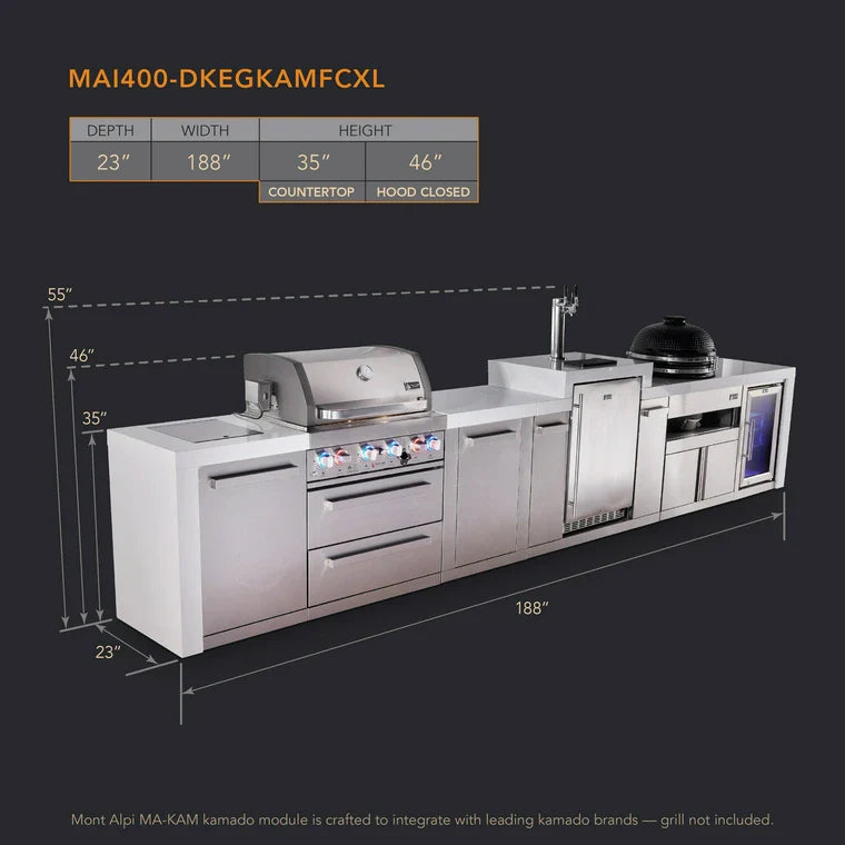 Mont Alpi 400 Deluxe BBQ Grill Island with Kegerator, Kamado Module, Extra Storage & Fridge - MAi400-DKEGKAMFCXL