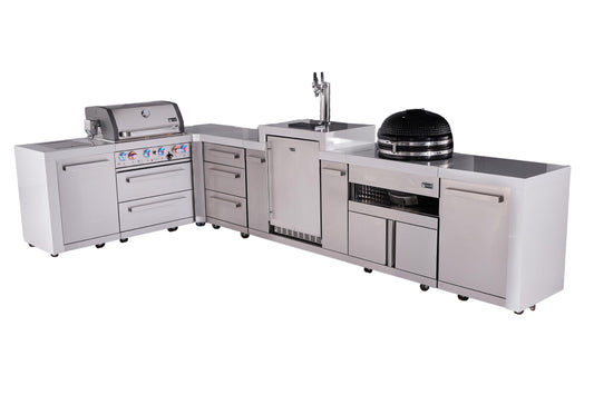 Mont Alpi 400 Deluxe BBQ Grill Island with L-Shape, Kegerator, Kamado Module, & Extra Drawer Storage - MAi400-D90KEGKAMDR