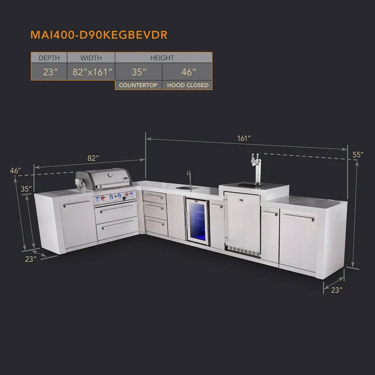 Mont Alpi 400 Deluxe BBQ Grill Island with L-Shape, Beverage Center, Kegerator & Extra Drawer Storage - MAi400-D90KEGBEVDR