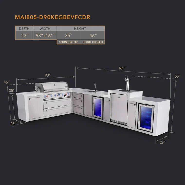 Mont Alpi 805 Deluxe BBQ Grill Island with L-Shape, Beverage Center, Kegerator, Extra Drawer Storage & Fridge - MAi805-D90KEGBEVFCDR