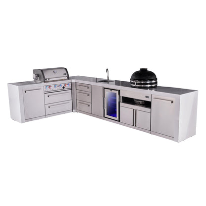 Mont Alpi 400 Deluxe BBQ Grill Island with L-Shape, Beverage Center, Kamado Module & Extra Drawer Storage - MAi400-D90BEVKAMDR