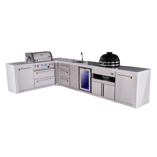 Mont Alpi 400 Deluxe BBQ Grill Island with L-Shape, Beverage Center, Kamado Module & Extra Drawer Storage - MAi400-D90BEVKAMDR