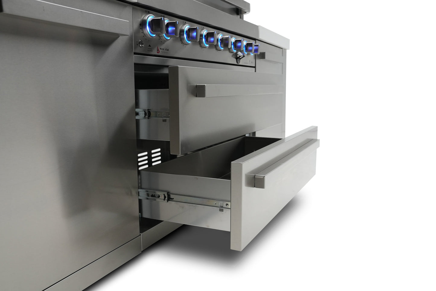 Mont Alpi 400 Deluxe BBQ Grill Island with L-Shape, Beverage Center, Kegerator, Kamado Module, Extra Storage & Fridge - MAi400-D90KEGBEVFCKAMXL