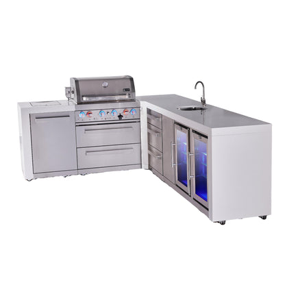 Mont Alpi 400 Deluxe BBQ Grill Island with L-Shape, Beverage Center, Extra Drawer Storage & Fridge - MAi400-D90BEVFCDR
