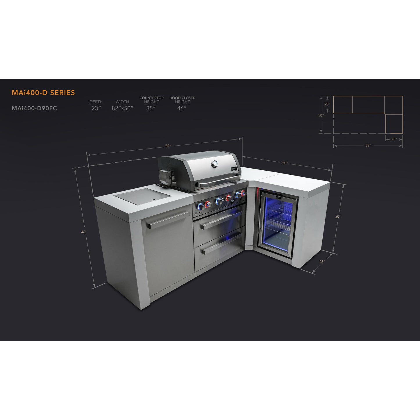 Mont Alpi 400 Deluxe BBQ Grill Island with L-Shape & Fridge Cabinet - MAi400-D90FC