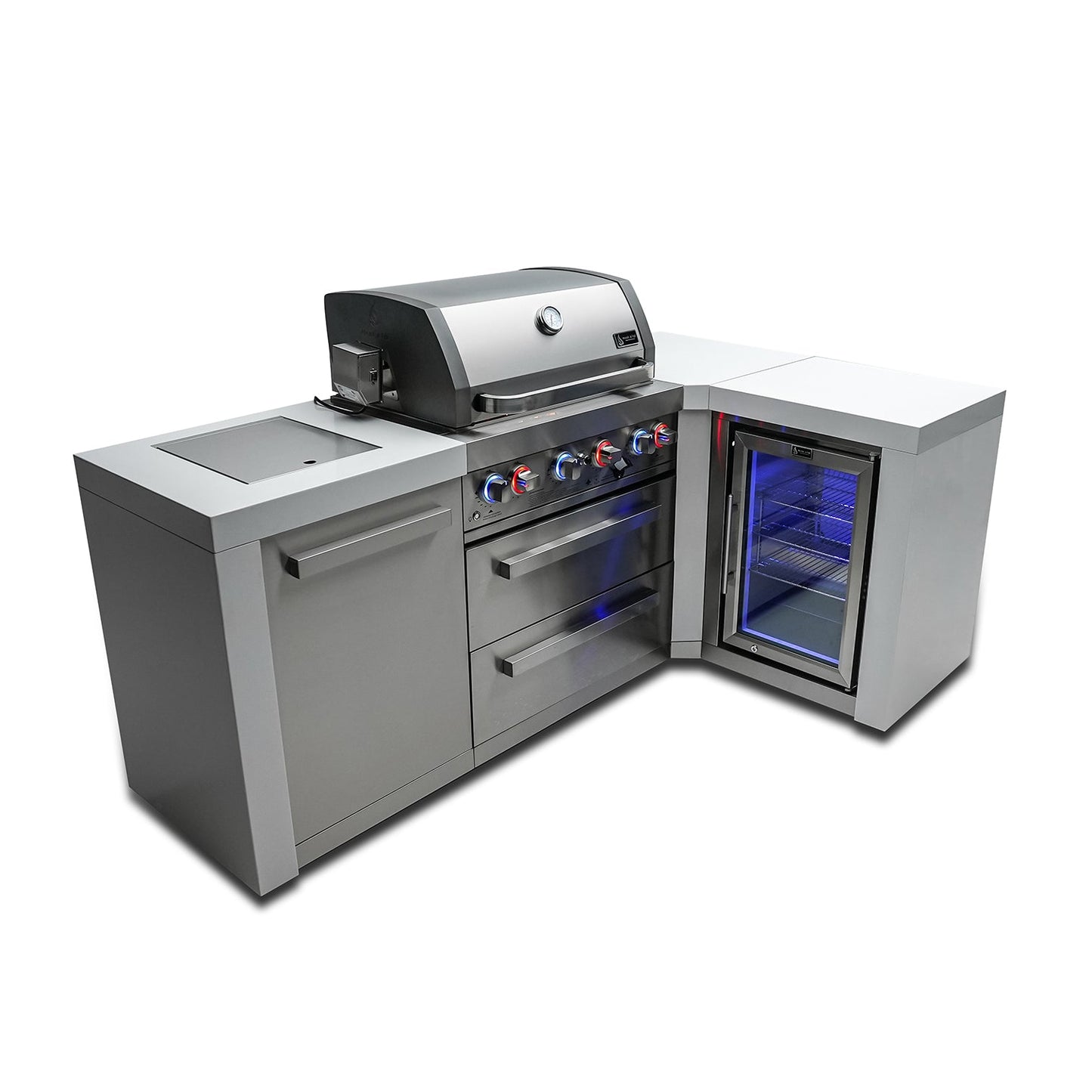 Mont Alpi 400 Deluxe BBQ Grill Island with L-Shape & Fridge Cabinet - MAi400-D90FC