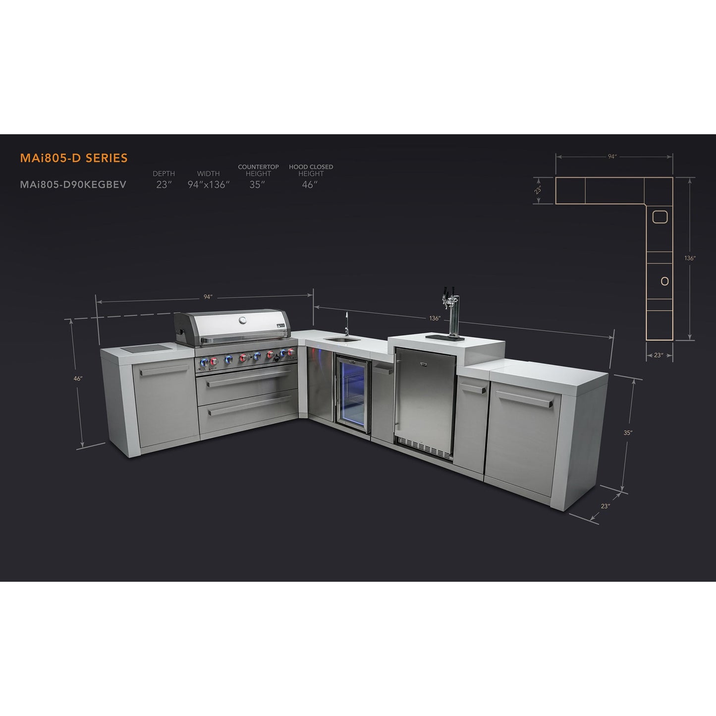 Mont Alpi 805 Deluxe BBQ Grill Island with L-Shape, Kegerator & Beverage Center - MAi805-D90KEGBEV