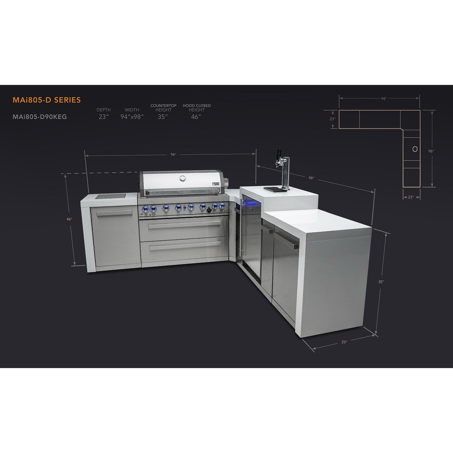 Mont Alpi 805 Deluxe BBQ Grill Island with L-Shape & Kegerator - MAi805-D90KEG