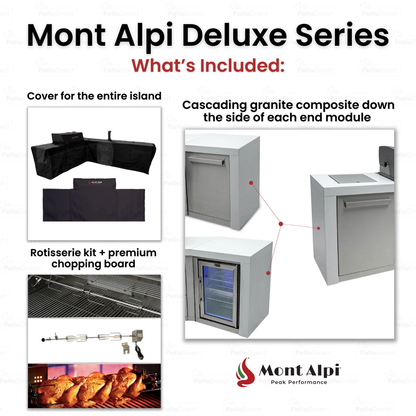 Mont Alpi 805 Deluxe BBQ Grill Island with L-Shape, Kegerator, Beverage Center & Fridge Cabinet - MAi805-D90KEGBEVFC