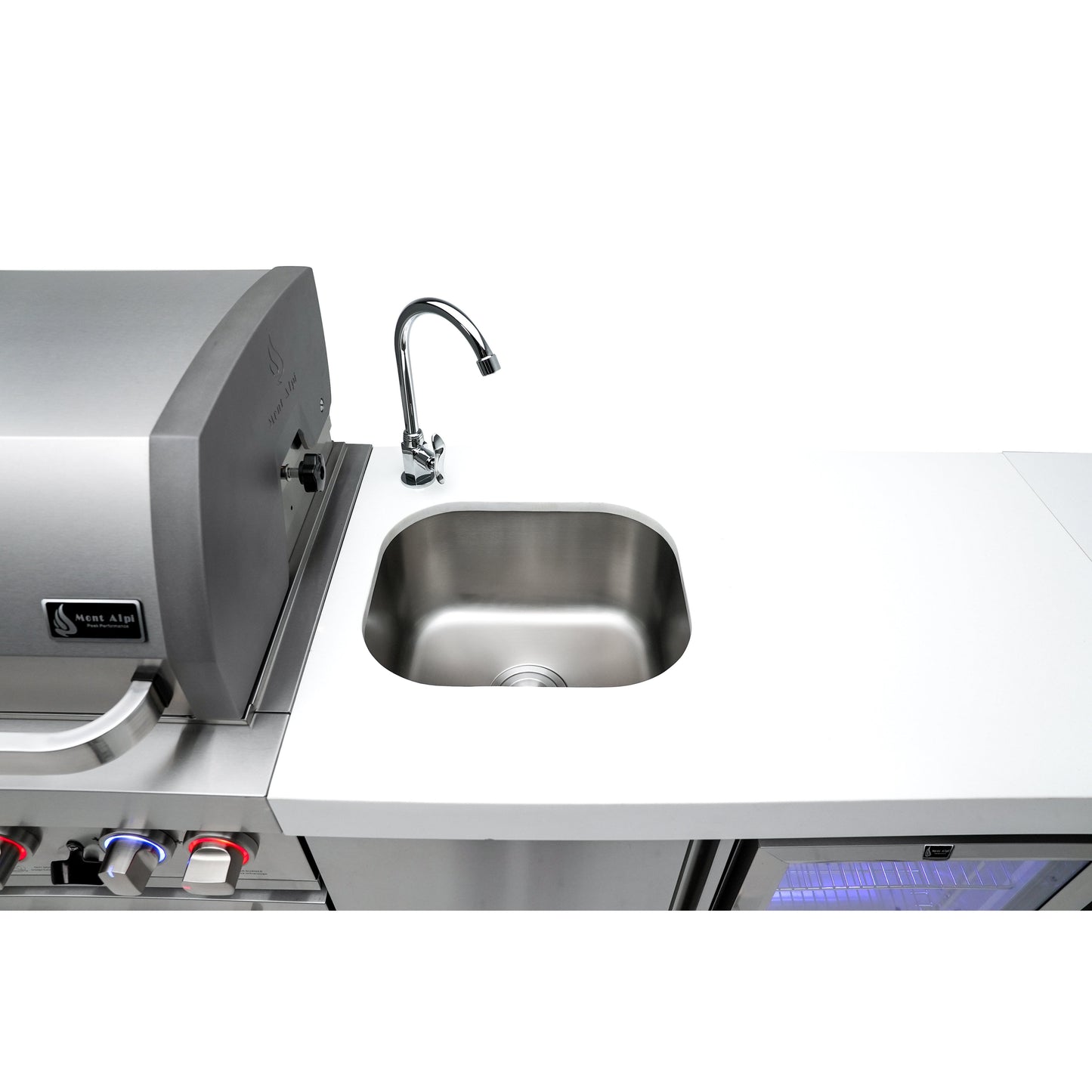 Mont Alpi 400 Deluxe BBQ Grill Island with L-Shape, Beverage Center, Extra Drawer Storage & Fridge - MAi400-D90BEVFCDR