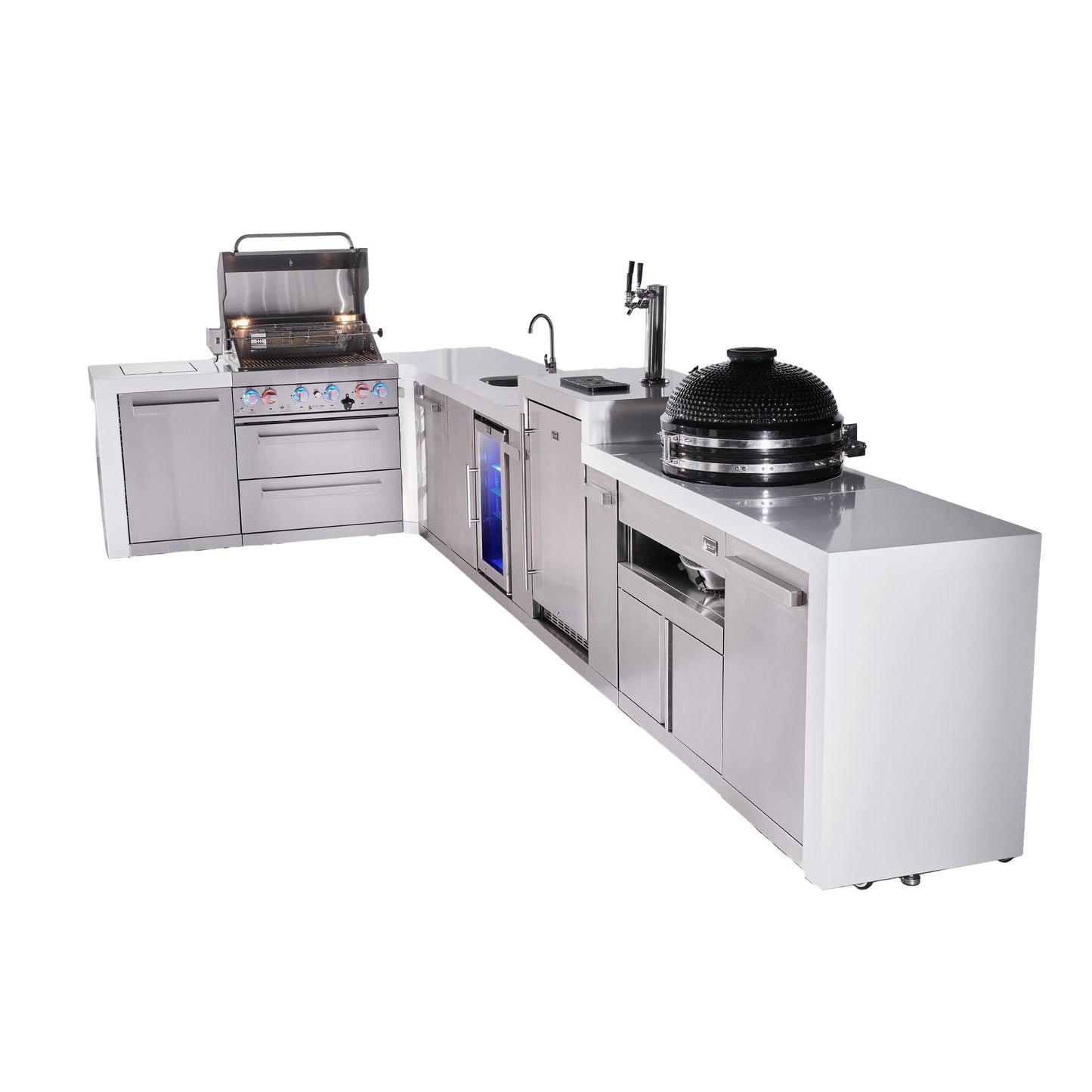 Mont Alpi 400 Deluxe BBQ Grill Island with L-Shape, Beverage Center, Kegerator, Kamado Module & Extra Storage - MAi400-D90KEGBEVKAMXL