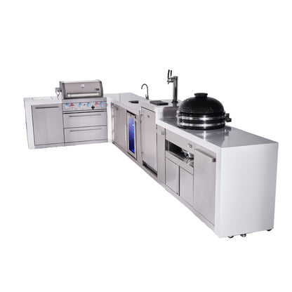 Mont Alpi 400 Deluxe BBQ Grill Island with L-Shape, Beverage Center, Kegerator, Kamado Module & Extra Storage - MAi400-D90KEGBEVKAMXL
